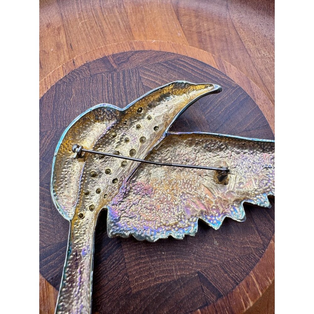 Large Stylized Bird Brooch Encrusted Rhinestones Goldtone Black White Enamel Pin - Picture 4 of 5